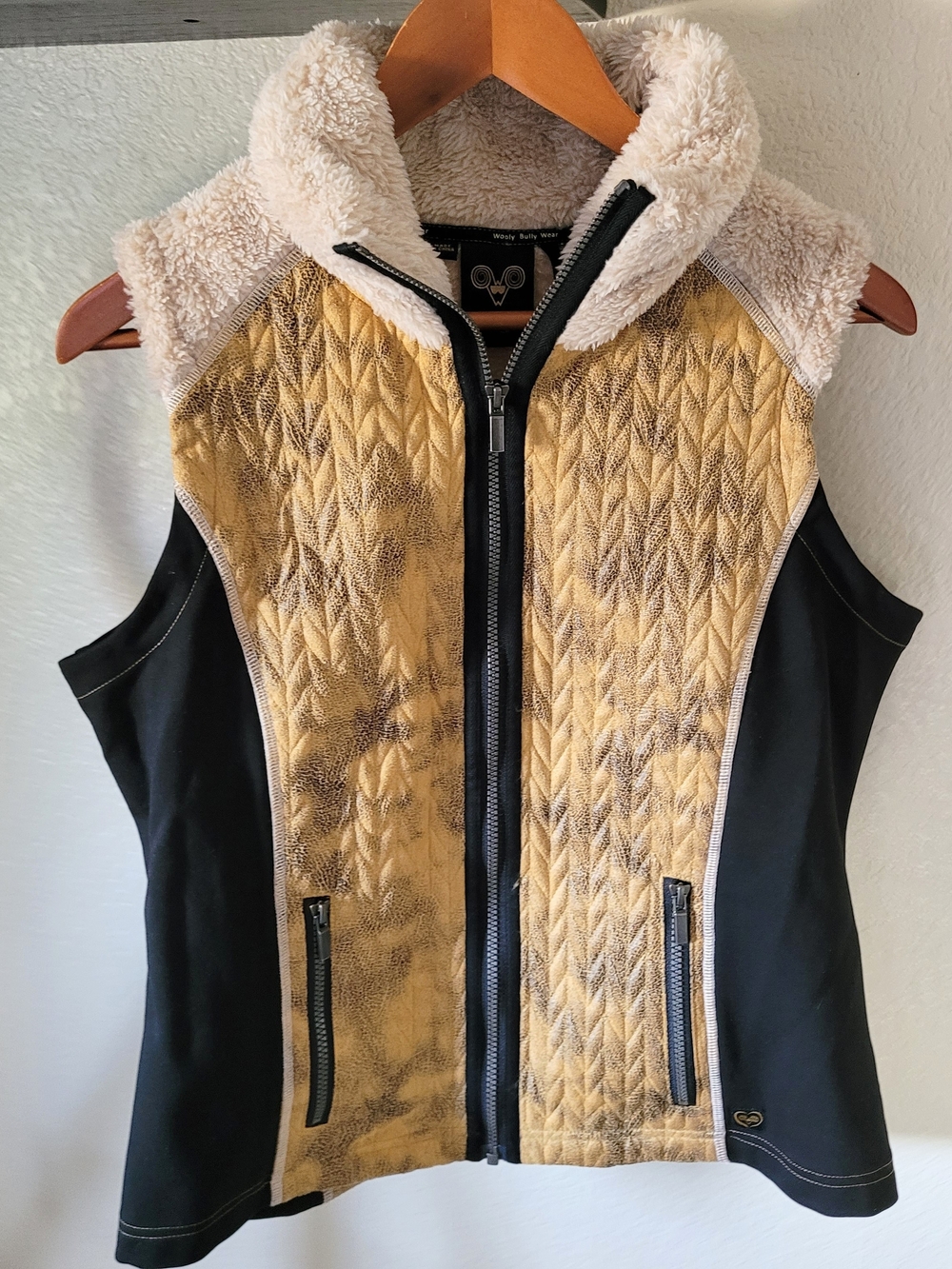Wooly Bully Chevron Quilted Gold Sherpa-Trim Vest - Women Medium